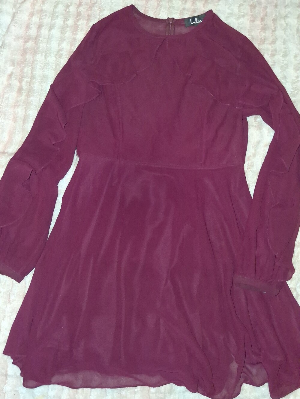 Lulu's Burgundy Long-Sleeve Chiffon Fit & Flare Dress